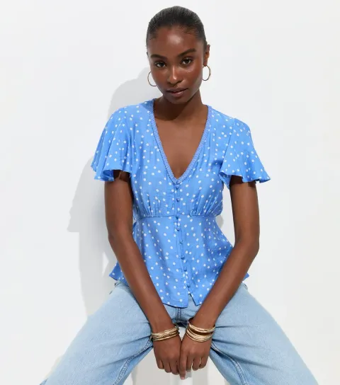 Women's Blue Crinkle Texture Spot Print V-Neck Tea Blouse