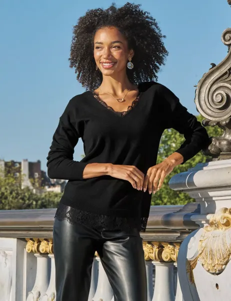 SOSANDAR V Neck Lace Detail Jumper Black