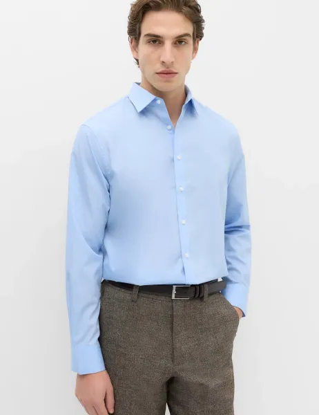 Marks & Spencer Regular Fit Easy Iron Cotton Blend Shirt Mid Blue
