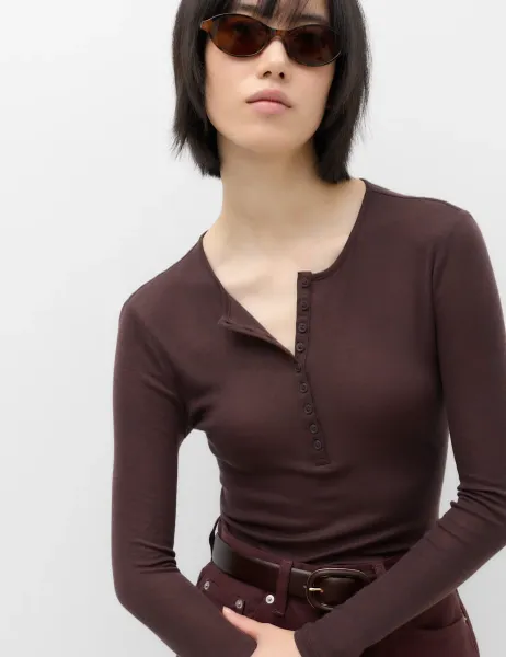 Marks & Spencer Wool Touch Layering Slim Henley Top Dark Chocolate