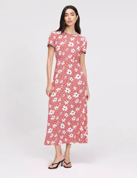 Finery London Floral Midi Waisted Dress Red Mix