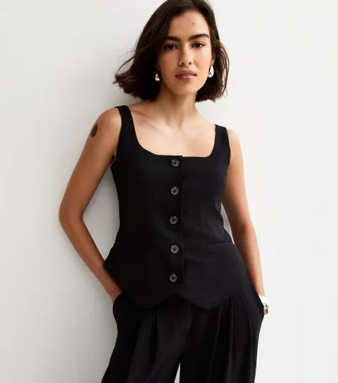 Women's Black Scoop Neck Button Up Waistcoat