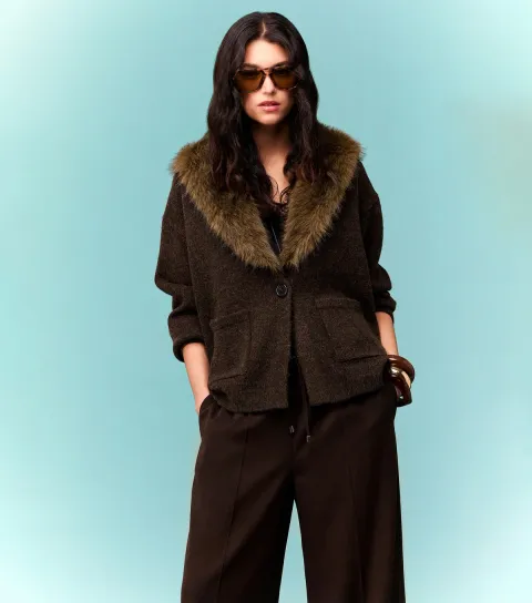 Women's Dark Brown Cardigan with Detachable Faux Fur Collar