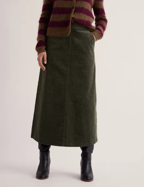 Seasalt Cornwall Pure Cotton Cord Midi A-Line Skirt Green