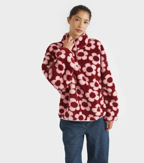 Women's Mid Pink Flower Pattern Fleece Sweatshirt