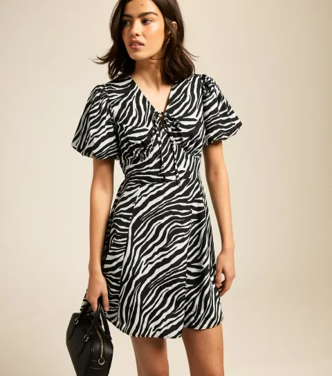 Women's Black Zebra Print Tie Neck Mini Dress