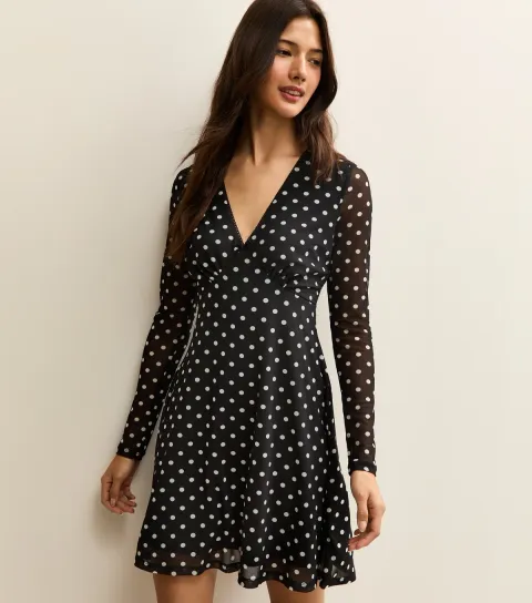Women's Black Mesh Polka Dot Mini Dress