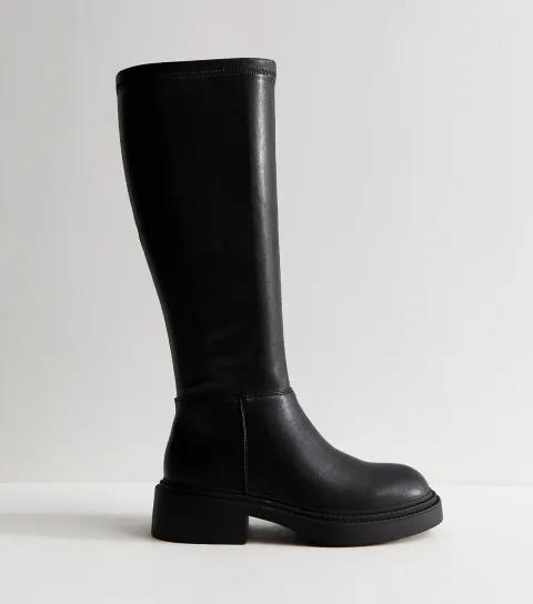 New Look Women's Wide Fit Black Faux Leather Chunky Knee High Boots Vegan