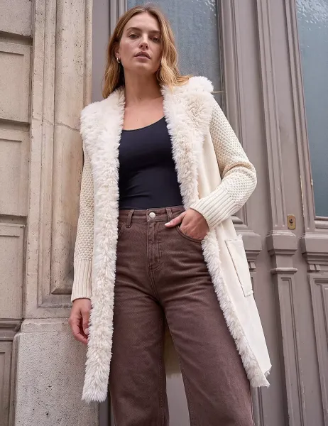 Roman Longline Faux Shearling Knit Coatigan Ecru Mix