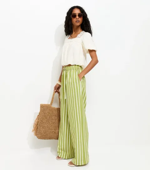 Women's Green Striped Seersucker Wide Leg Trousers