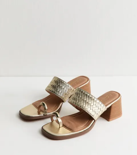 Women's Gold Faux Leather Braided Strap Heeled Sandals Vegan