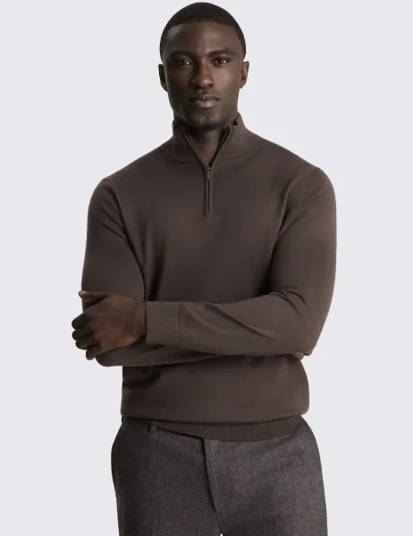 Moss Merino Wool Rich Half Zip Jumper Brown