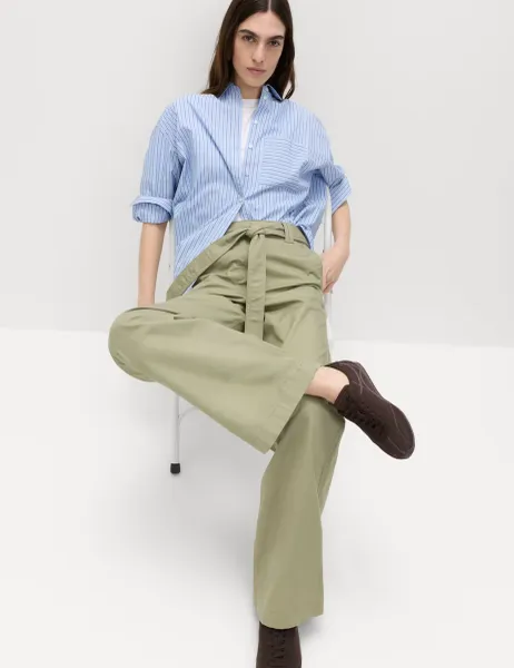Marks & Spencer Pure Cotton Belted Straight Leg Trousers Khaki
