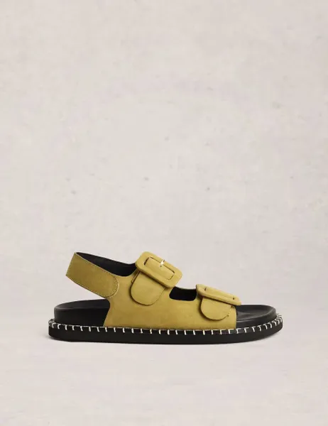 White Stuff Suede Buckle Flat Footbed Sandals Green