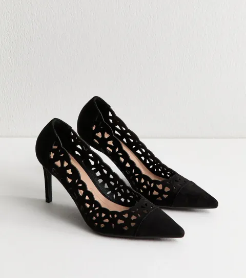 Women's Black Laser Cut Stiletto Court Shoes Vegan