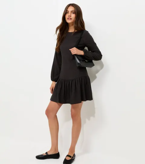 Women's Black Crinkle Texture Crew Neck Frill Mini Dress