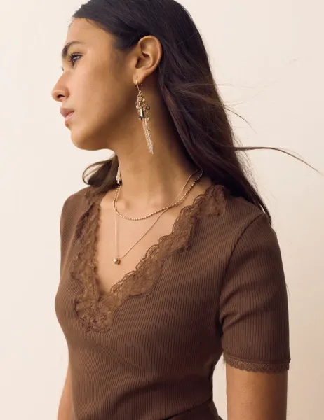Per Una Lace Insert V-Neck Short Sleeve T-Shirt Conker