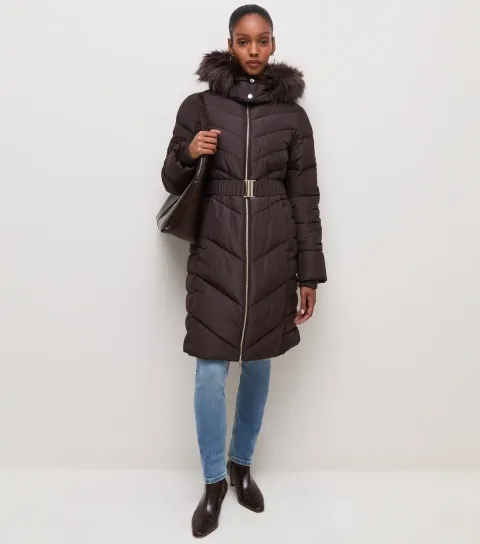 Women's Dark Burgundy Longline Faux Fur Trimmed Hooded Coat