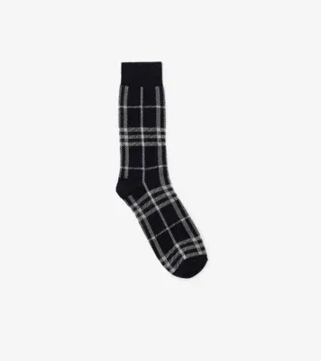 Check Cotton Nylon Blend Socks in Black/calico beige