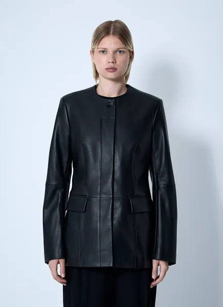 Collarless Leather Jacket