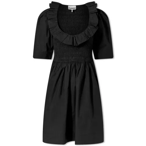 Cotton Poplin Open-Neck Smock Mini Dress