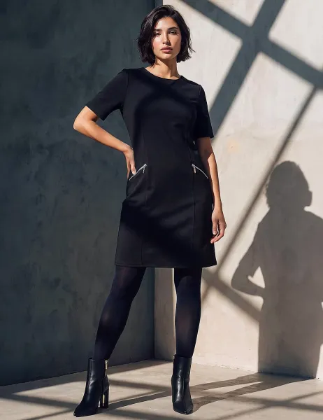 Roman Petite Zip Detail Knee Length Shift Dress Black
