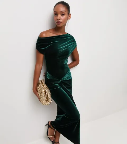 Women's Dark Green Velvet Off Shoulder Dress