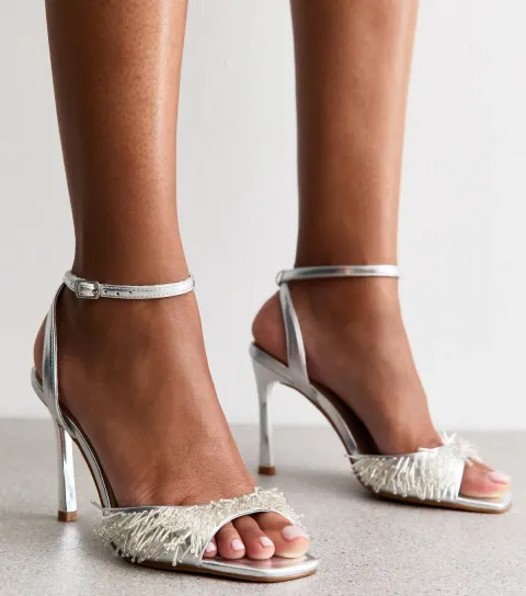 New Look Women's Silver Faux Leather Beaded Strap Stiletto Sandals