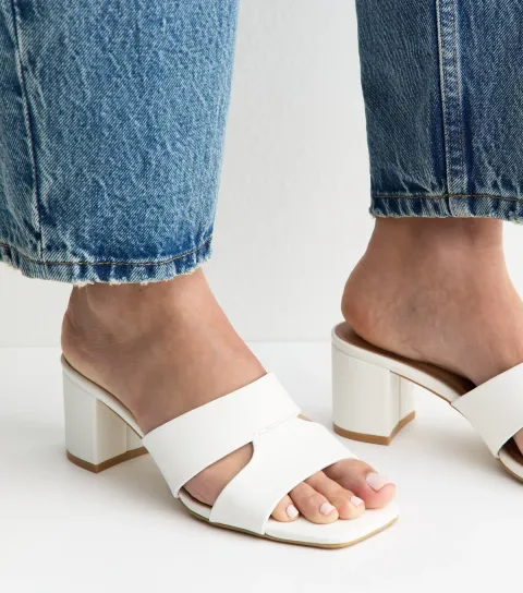 Women's White Faux Leather Cut Out Strap Block Heel Mules Vegan
