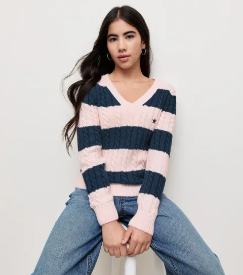 Women's Girls' Light Pink and Navy Stripe Cable Knit V Neck Jumper