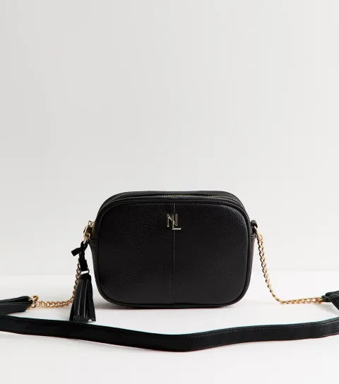 Black Faux Leather Chain Detail Crossbody Bag Vegan