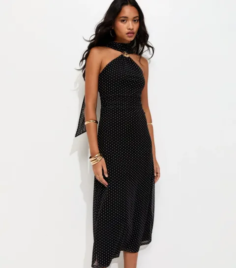 Women's Black Polka Dot Halterneck Midi Dress with Scarf