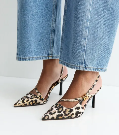 Women's Stone Leopard Print Asymmetric Strap Metal Detail Slingback Court Shoes Vegan