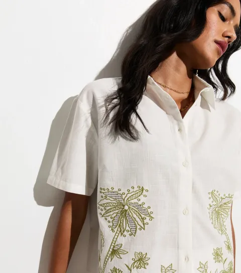 Women's White Woven Palm Embroidered Cotton Beach Shirt