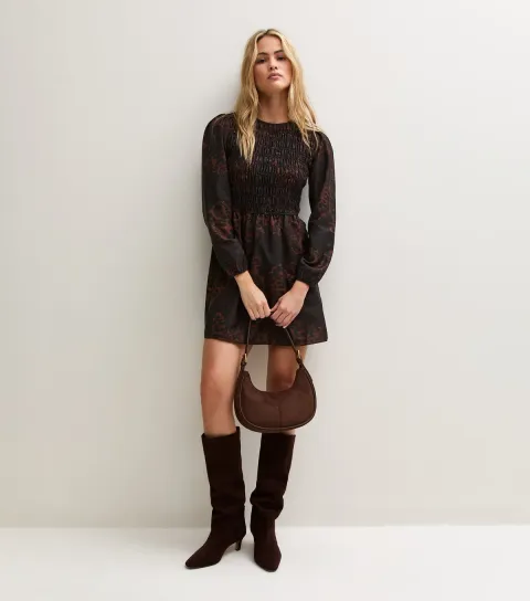 New Look Women's Brown Printed Shirred Long Sleeve Smock Dress