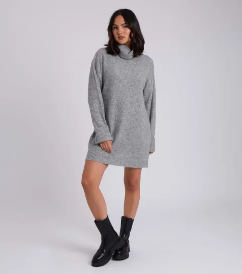 Women's Grey Roll Neck Knit Mini Dress