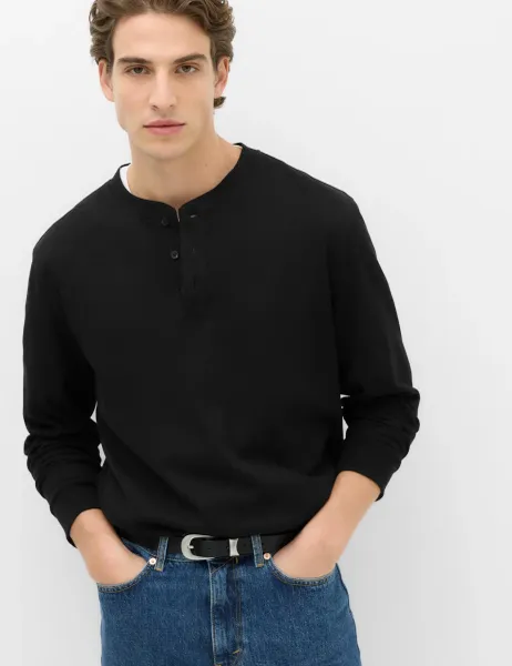 Marks & Spencer Cotton Rich Waffle Henley Long Sleeve T-Shirt Black