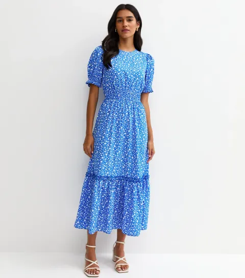 Women's Bright Blue Crepe Ditsy Short Sleeve Tiered Midi Dress