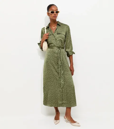 Women's Green Satin Polka Dot Midi Shirt Dress