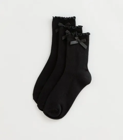New Look Girls' Pack of 3 Black Ribbed Bow Trim Frill Socks