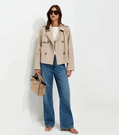 Women's Cream Double Breasted Cropped Trench Jacket
