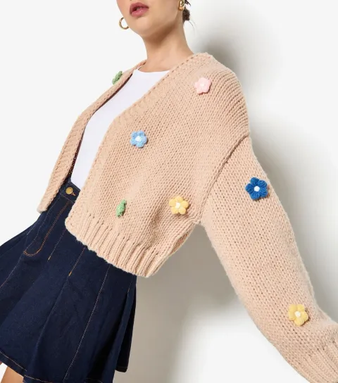 Women's Stone Daisy Appliqued Open Cardigan