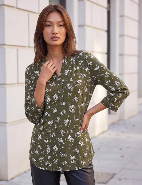 Roman Ditsy Floral Notch Neck Button Detail Shirt Khaki