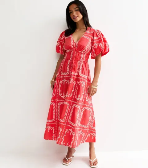 Women's Petite Orange Embroidered V-Neck Midi Dress