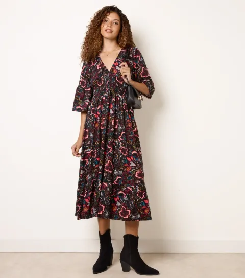 Women's Multicoloured Floral V-Neck Midi Dress