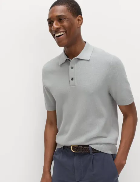 Marks & Spencer Cotton Rich Regular Fit Knitted Polo Shirt Silver Grey