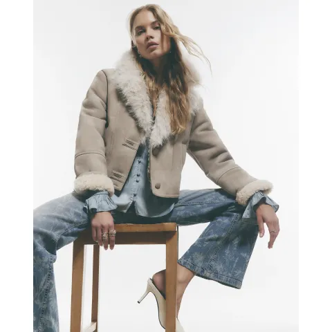 River Island Faux Fur Collar Shearling Crop Jacket