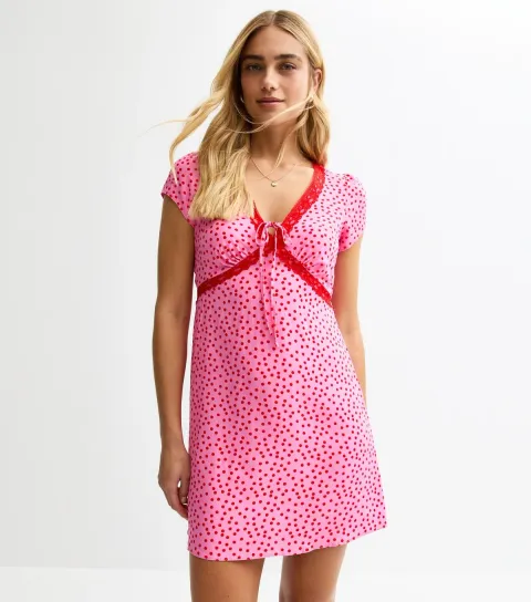 Women's Pink Lace Trim Polka Dot Mini Dress