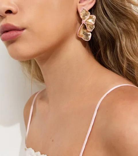 Gold Tone Pink Textured Petal Stud Earrings