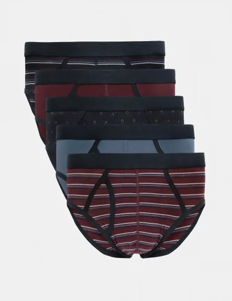 Marks & Spencer 5pk Cotton Rich Stretch Striped Briefs Burgundy Mix